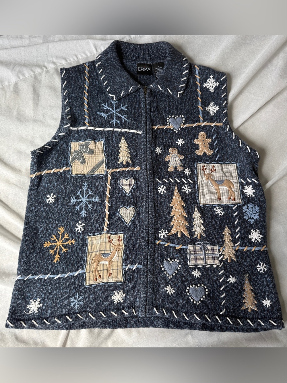 Erika Navy vintage  knit Embroidered Holiday Vest with Tan & White Accents L